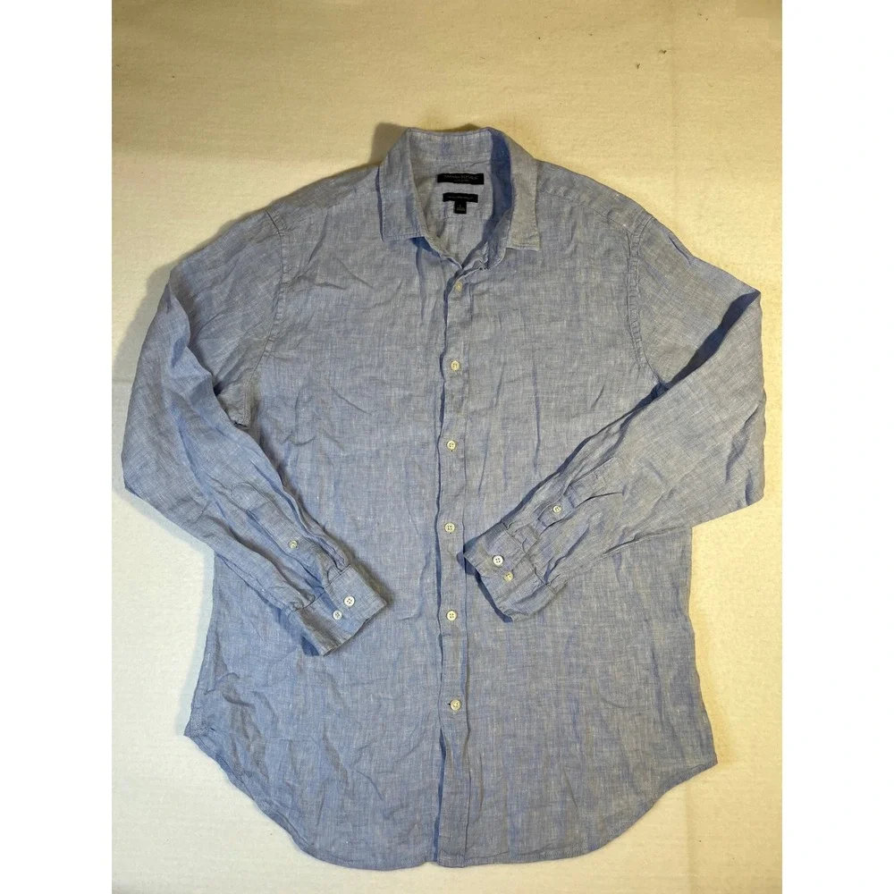 Banana Republic Mens Camden Standard Fit 100% Linen Long Sleeve Shirt Blue L